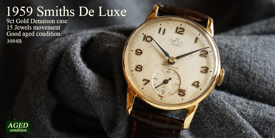 3094B 1959年英国スミス社製 9金無垢デラックス15石手巻腕時計 365日間 
